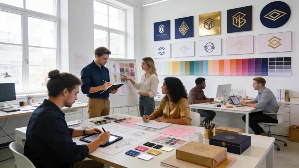 Creative team collaborating on visual branding strategy in a modern studio environment