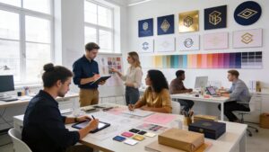 Creative team collaborating on visual branding strategy in a modern studio environment