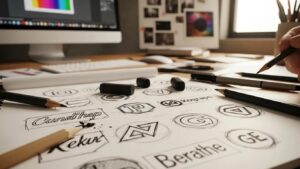 Hand-drawn logo sketches illustrating branding and logo design development in Kennesaw, GA.