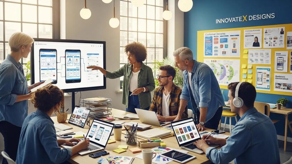 Creative team collaborating on UX design in a modern office environment