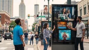 Dynamic digital signage display in Atlanta with pedestrians engaging, showcasing modern marketing solutions