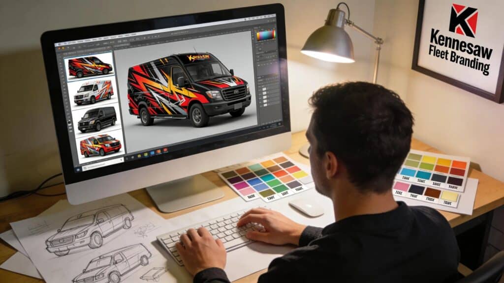 Graphic designer creating custom vehicle wraps for fleet branding in Kennesaw, GA