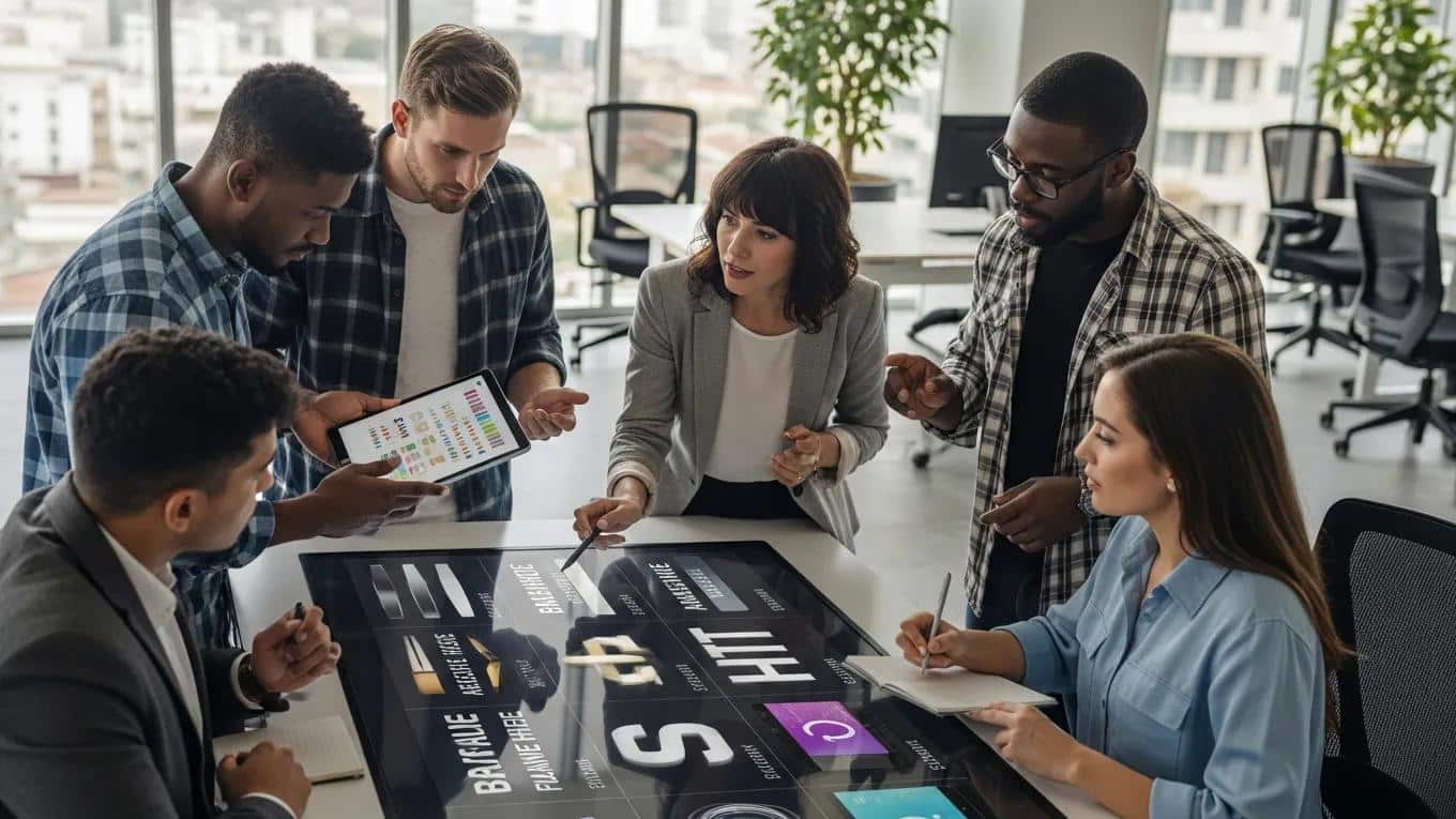 Team collaborating on ranking criteria for sign makers, illustrating the thorough evaluation process for quality and craftsmanship
