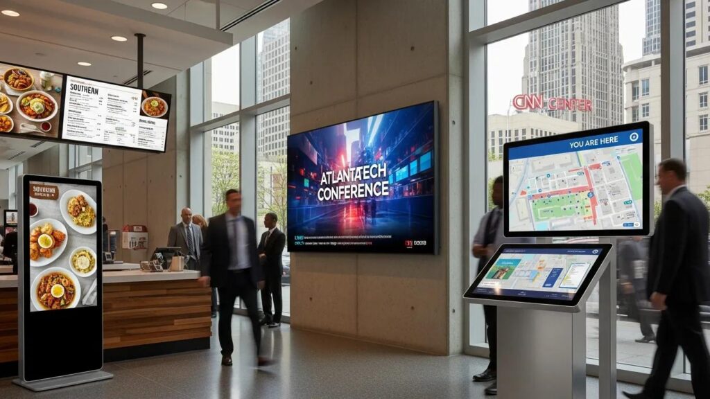 Variety of digital signage types including LED displays and interactive kiosks in a business setting