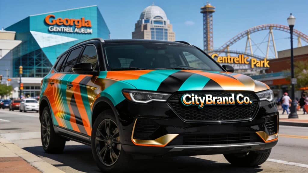 Vehicle wrap showcasing CityBrand Co. branding in front of Georgia World Congress Center.