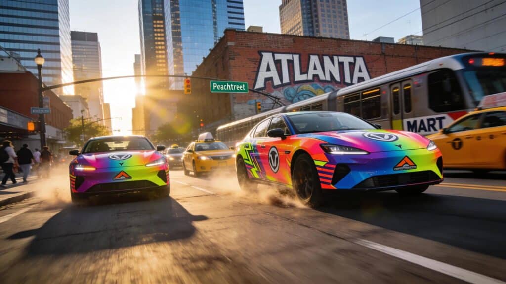 Custom vehicle wraps and fleet graphics driving through downtown Atlanta, showcasing brand visibility.