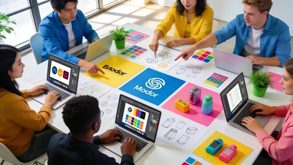 Atlanta branding team collaborating on design concepts and custom signage.