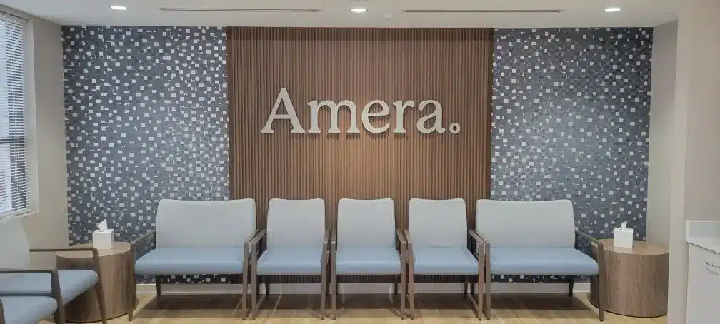 Dimensional lobby logo wall, Amera Imaging, by High Stakes Creative