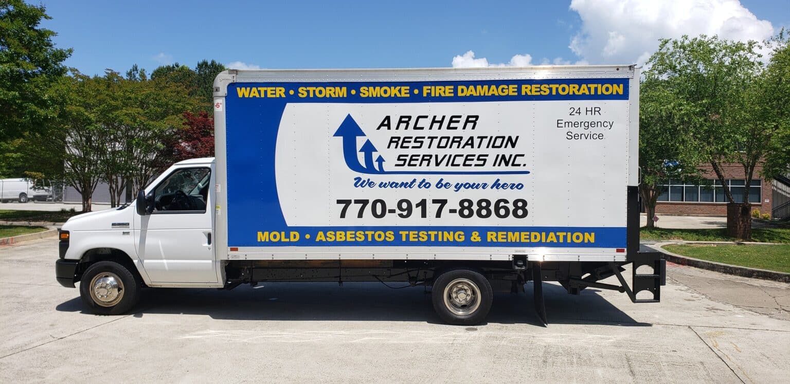 Full box truck graphics: water/storm/smoke/fire restoration, mold and asbestos testing, 77, Archer Restoration Services, by High Stakes Creative