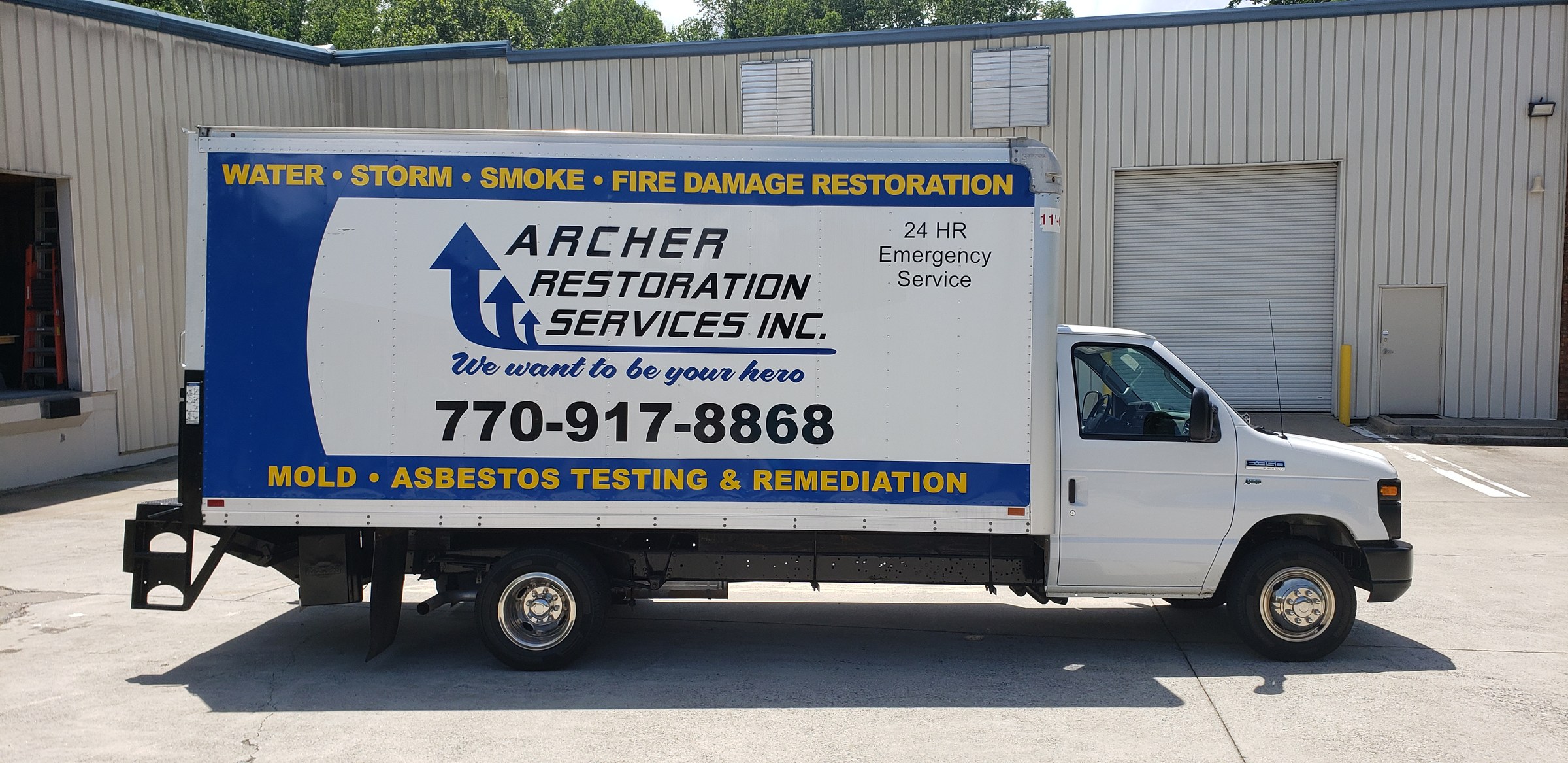 Box truck driver side graphics, Archer Restoration Services, by High Stakes Creative