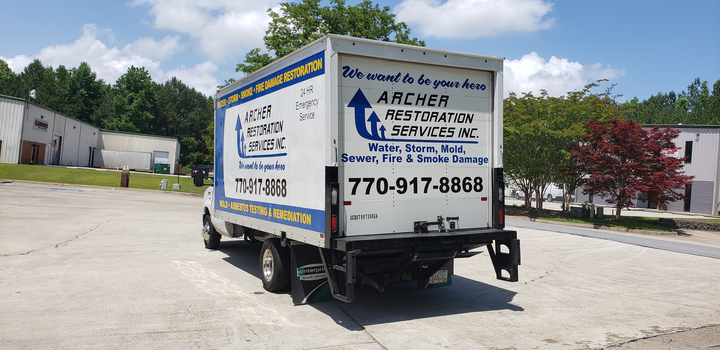 Rear and side view of box truck graphics with liftgate, Archer Restoration Services, by High Stakes Creative