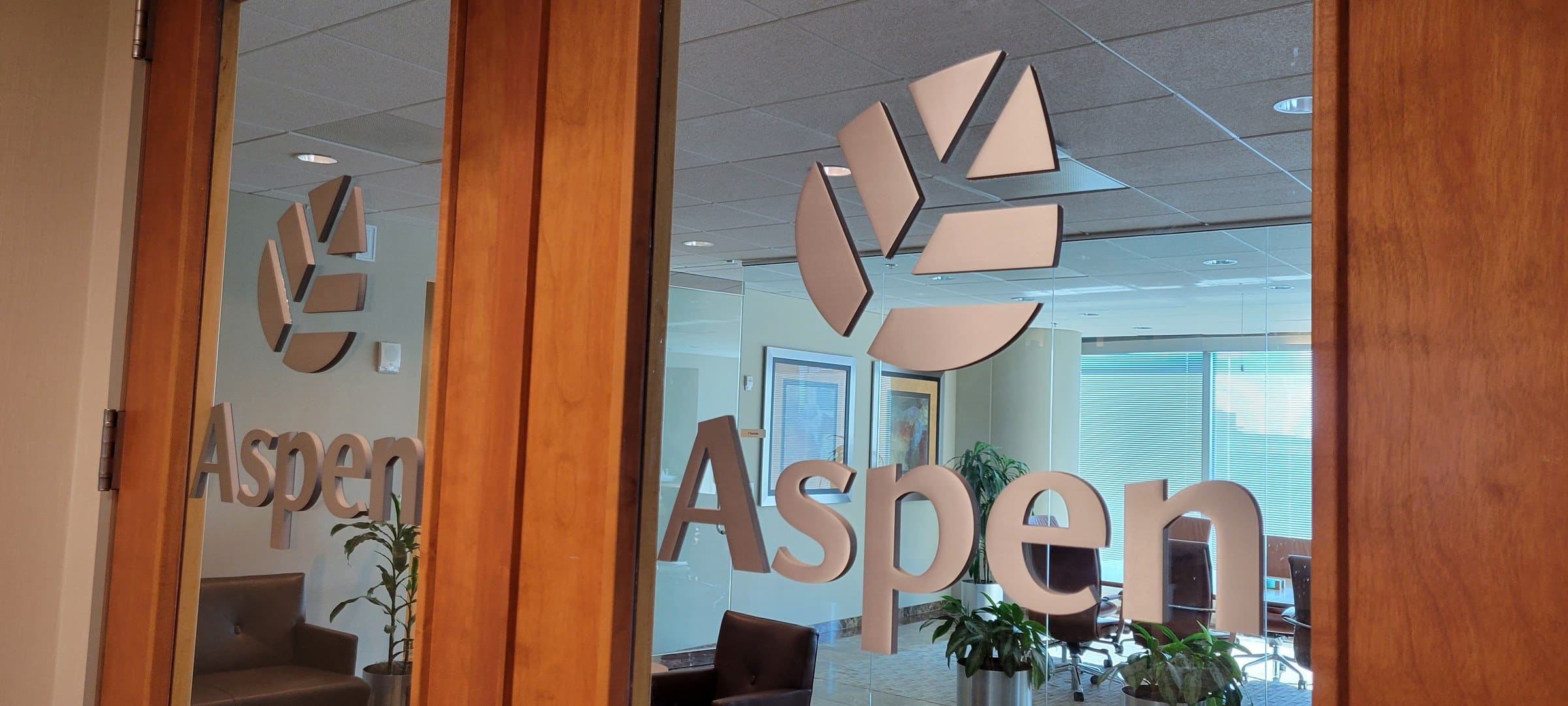 Frosted door graphics, close view, Aspen, by High Stakes Creative