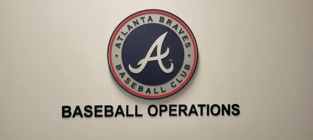 Dimensional Baseball Operations logo wall, Atlanta Braves, by High Stakes Creative