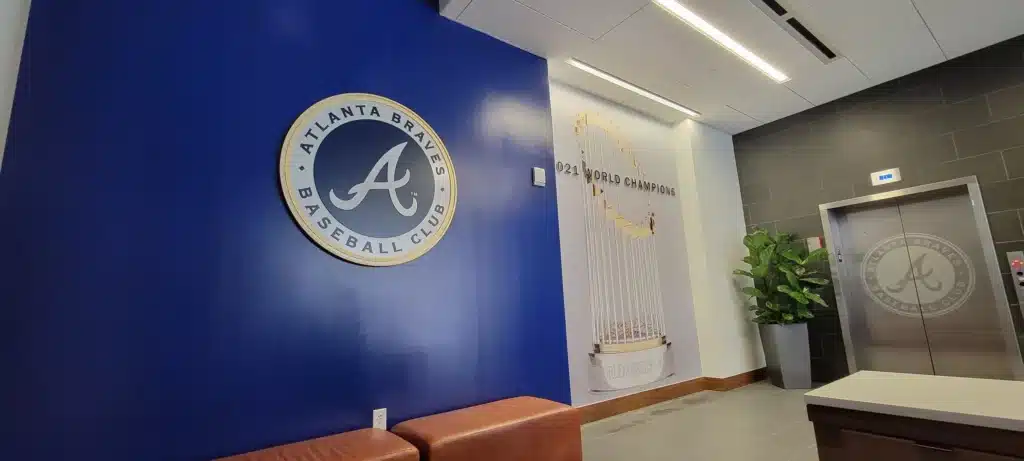 Dimensional lobby logo, Atlanta Braves, by High Stakes Creative