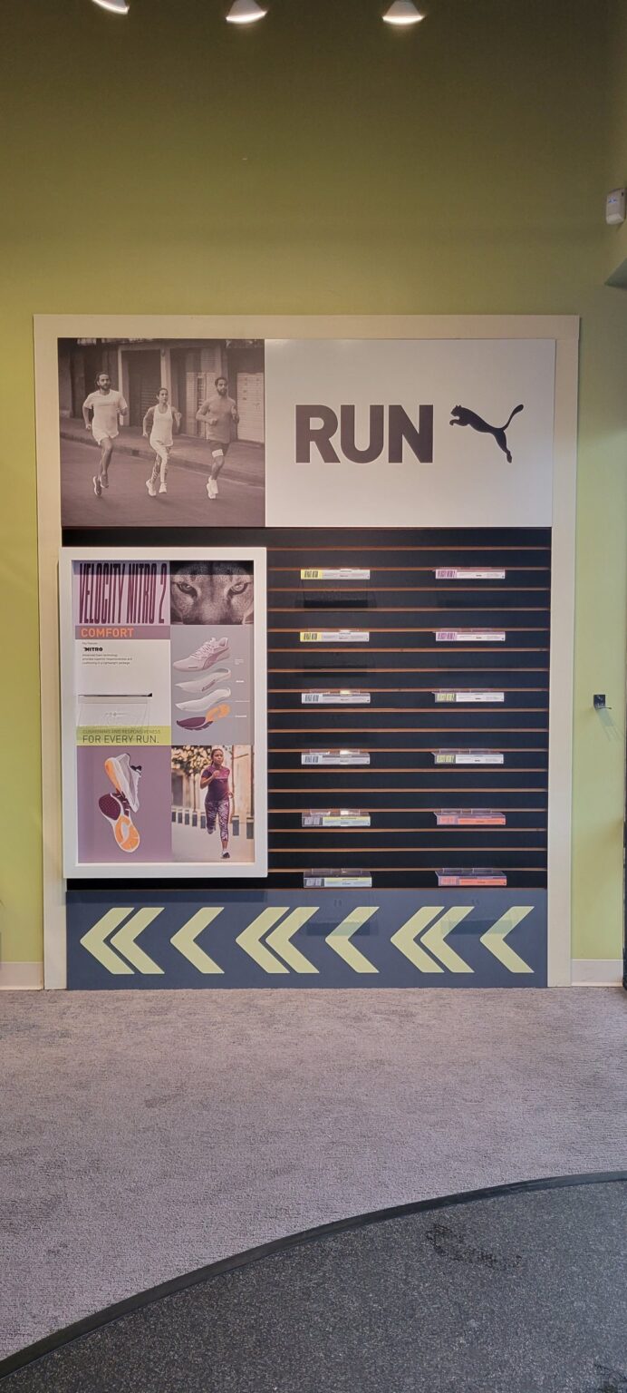 In-store Puma 'Run' wall display graphics, Big Peach Running Co., Kennesaw, GA, by High Stakes Creative