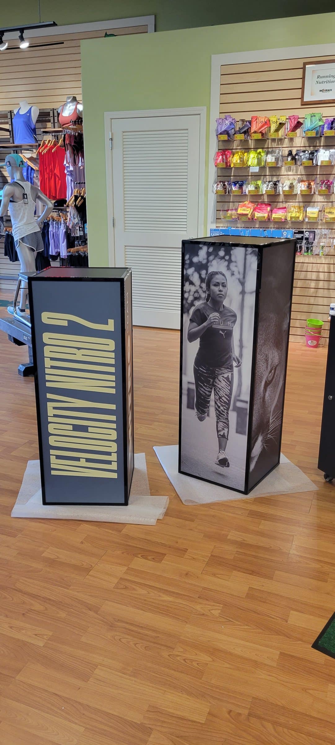 Printed Velocity Nitro display pillars, Big Peach Running Co., Kennesaw, GA, by High Stakes Creative
