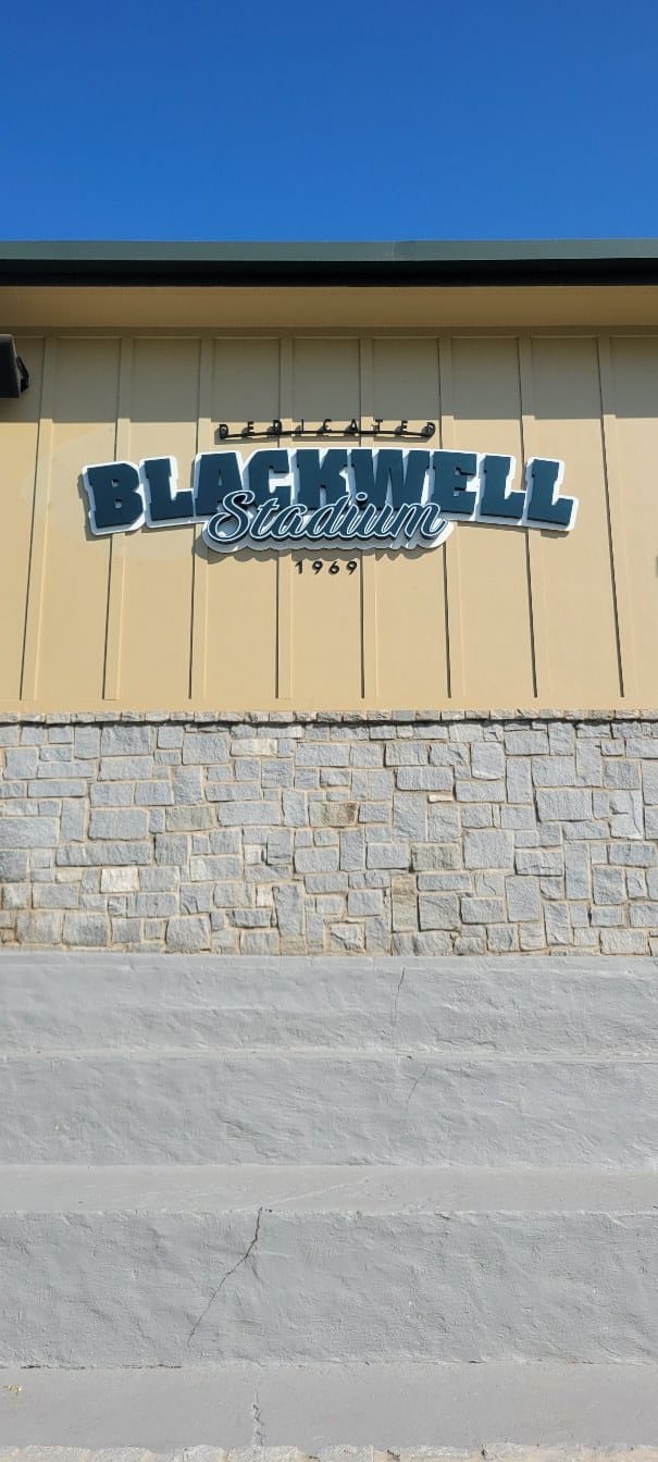 Dimensional Blackwell Stadium lettering on stadium building, Blackwell Stadium, by High Stakes Creative