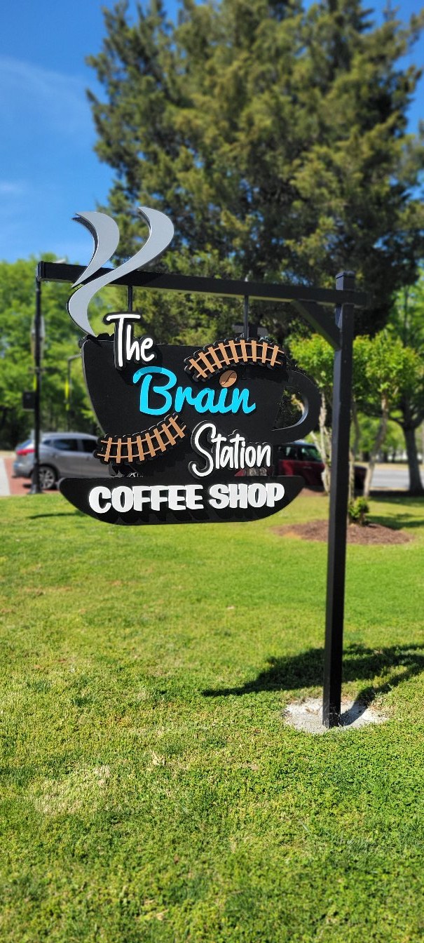Hanging sign with steam topper, The Brain Station Coffee Shop, by High Stakes Creative