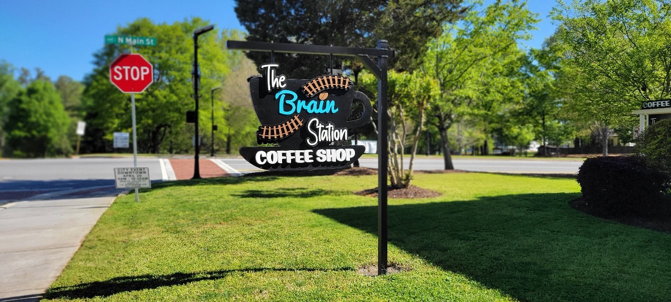 Sign from street side, The Brain Station Coffee Shop, by High Stakes Creative
