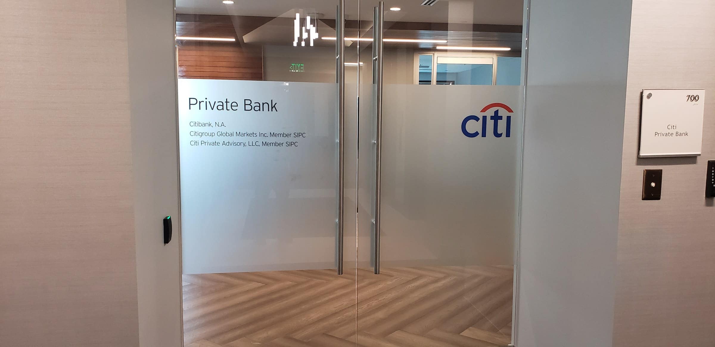 Frosted glass entry graphics, Citi Private Bank, Atlanta, GA, by High Stakes Creative