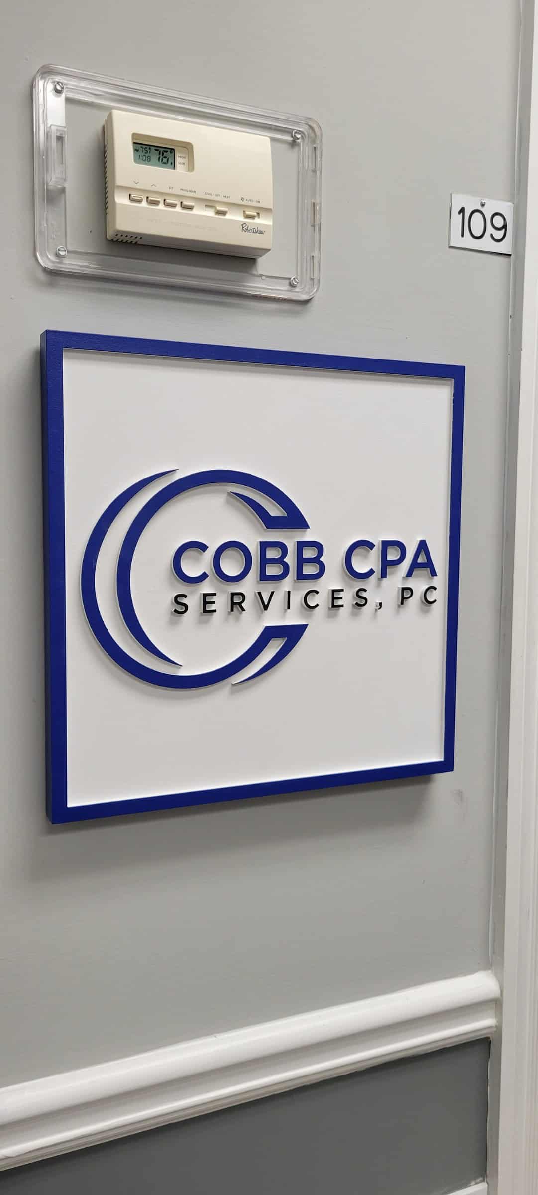 Suite sign close view, Cobb CPA Services, by High Stakes Creative