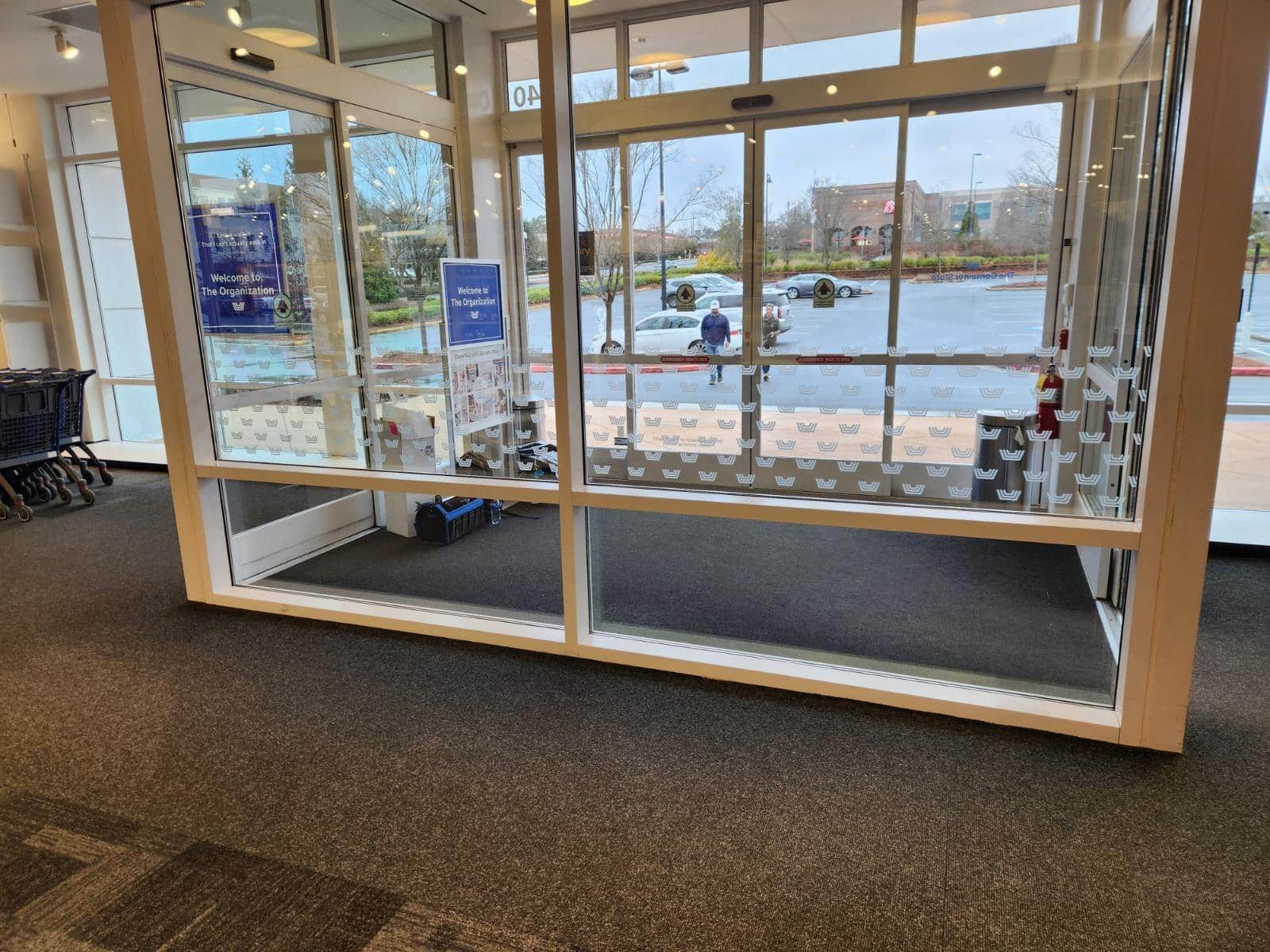 Entry vestibule frosted glass film, The Container Store, Alpharetta, GA, by High Stakes Creative