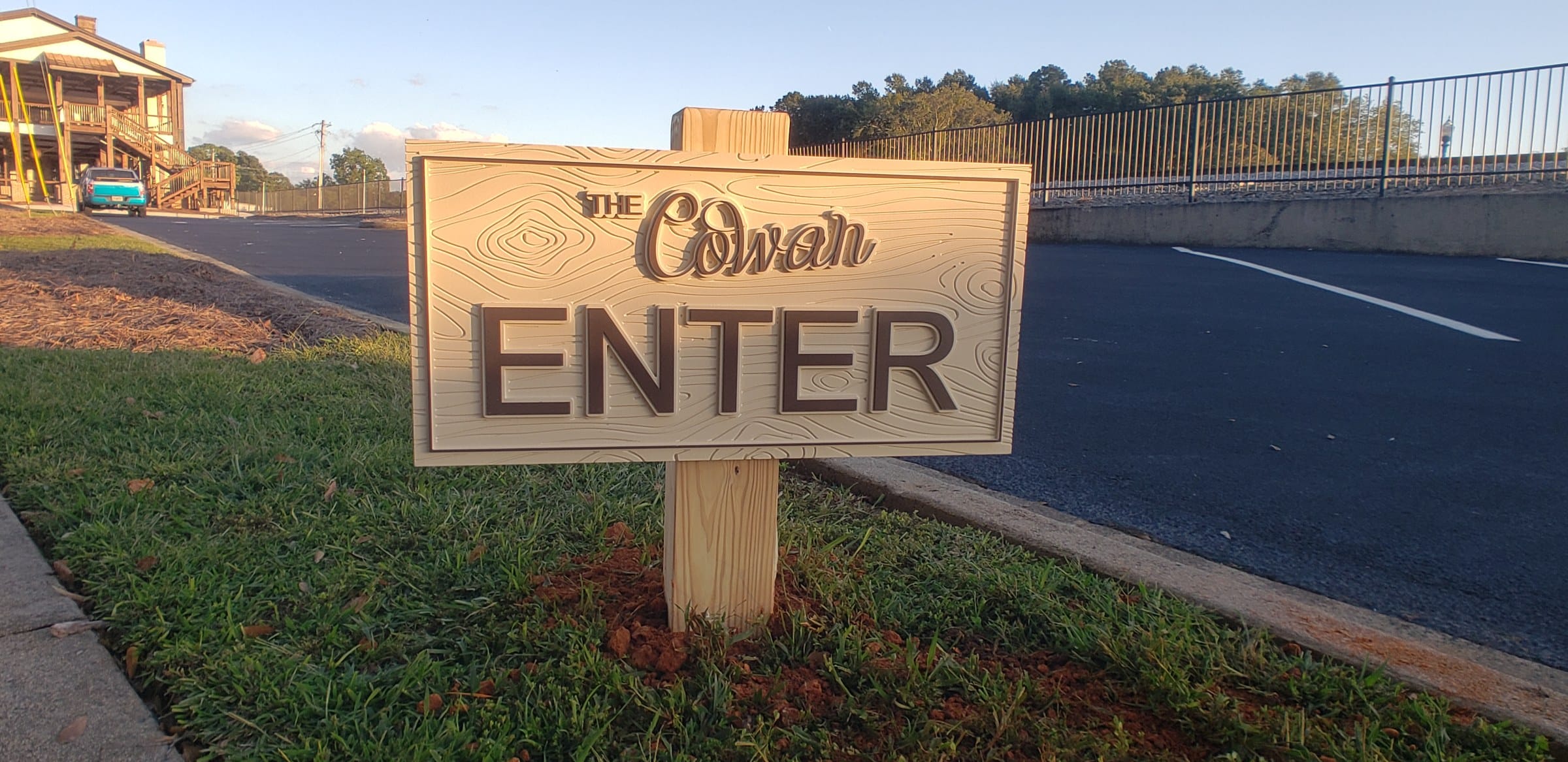 Carved ENTER directional sign, The Cowan Historic Mill, Acworth, GA, by High Stakes Creative
