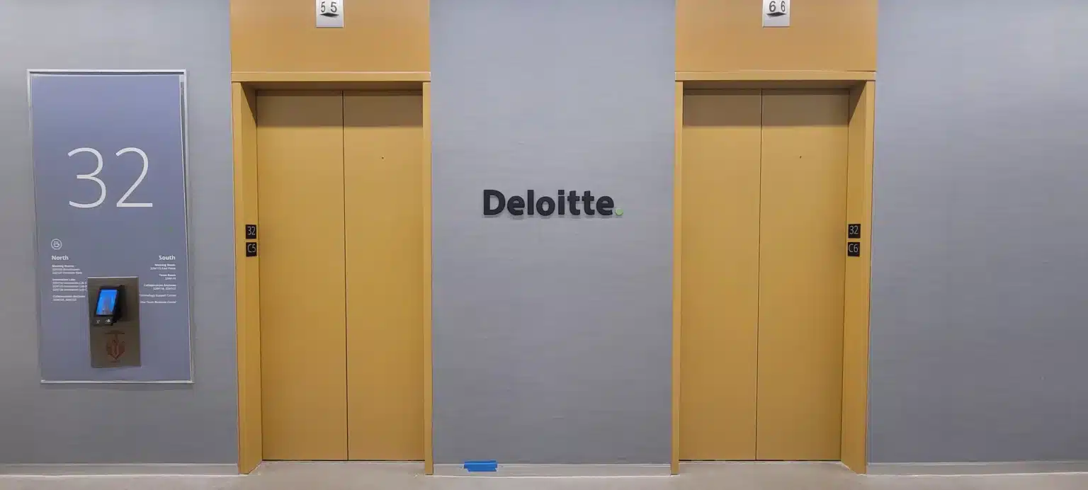 Elevator lobby dimensional logo, Deloitte, Atlanta, GA, by High Stakes Creative, metro Atlanta