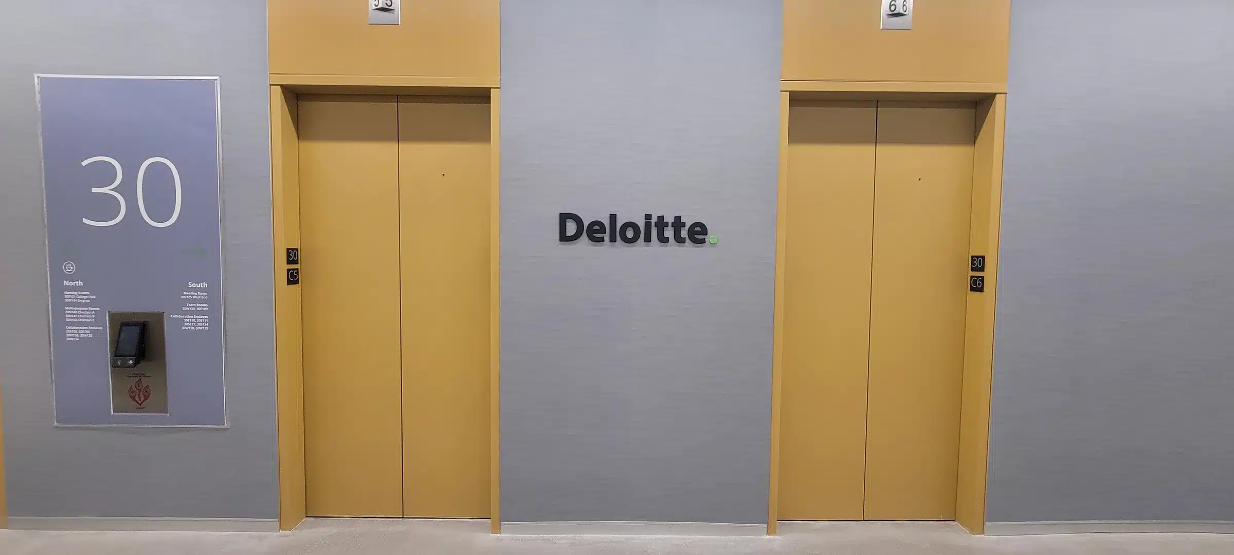Elevator lobby dimensional logo, Deloitte, Atlanta, GA, by High Stakes Creative