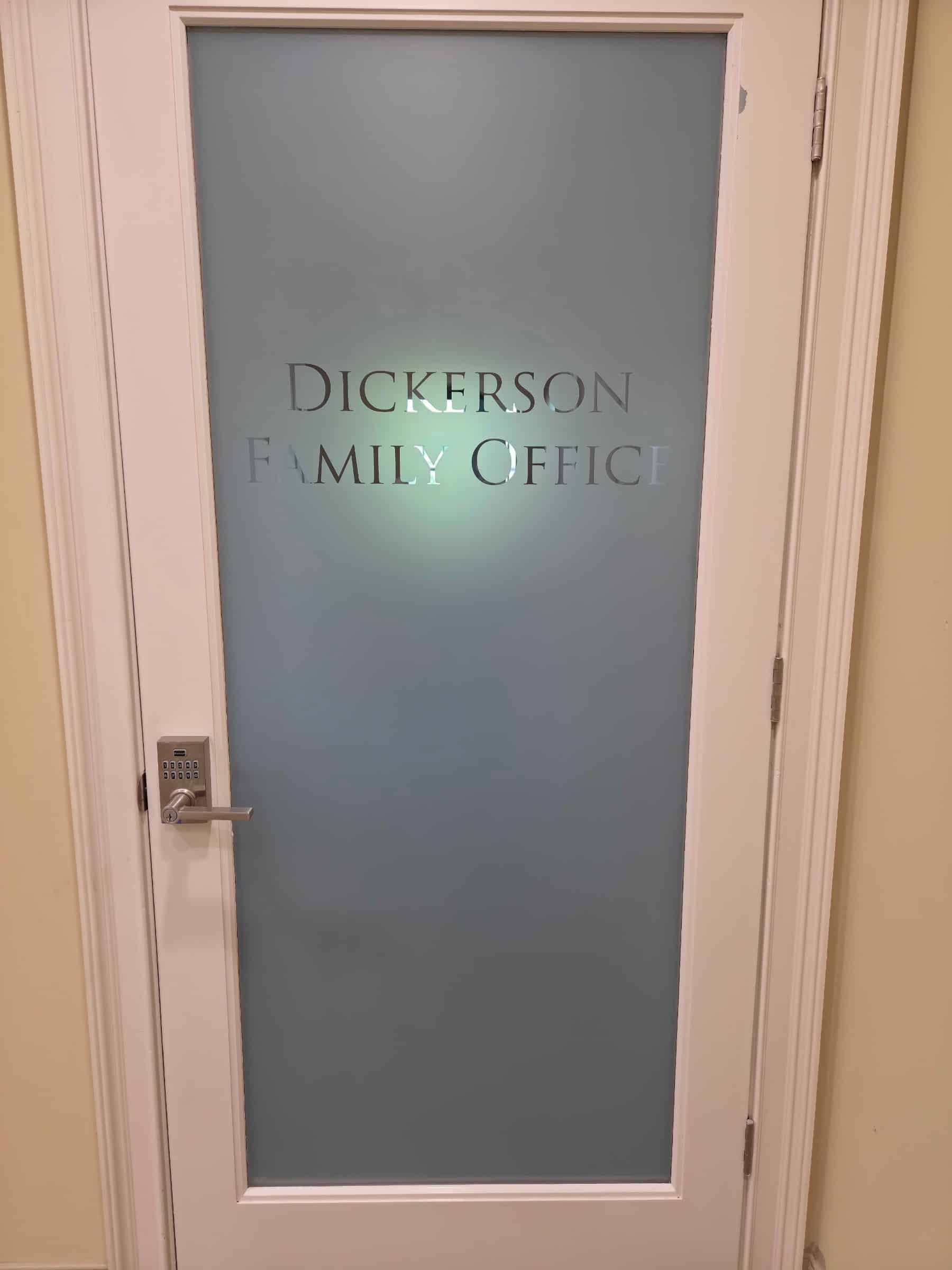 Frosted glass door graphics, Dickerson Family Office, by High Stakes Creative