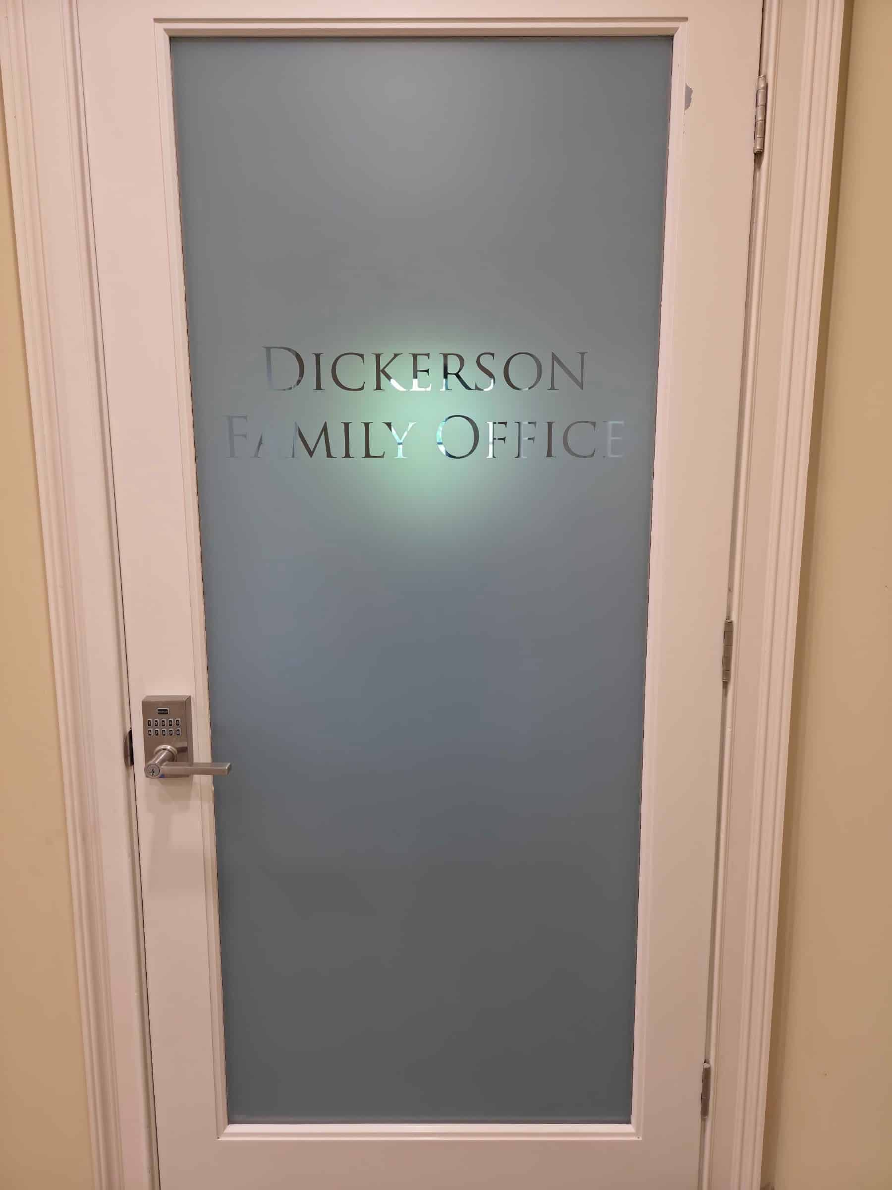 Frosted glass door graphics, Dickerson Family Office, by High Stakes Creative