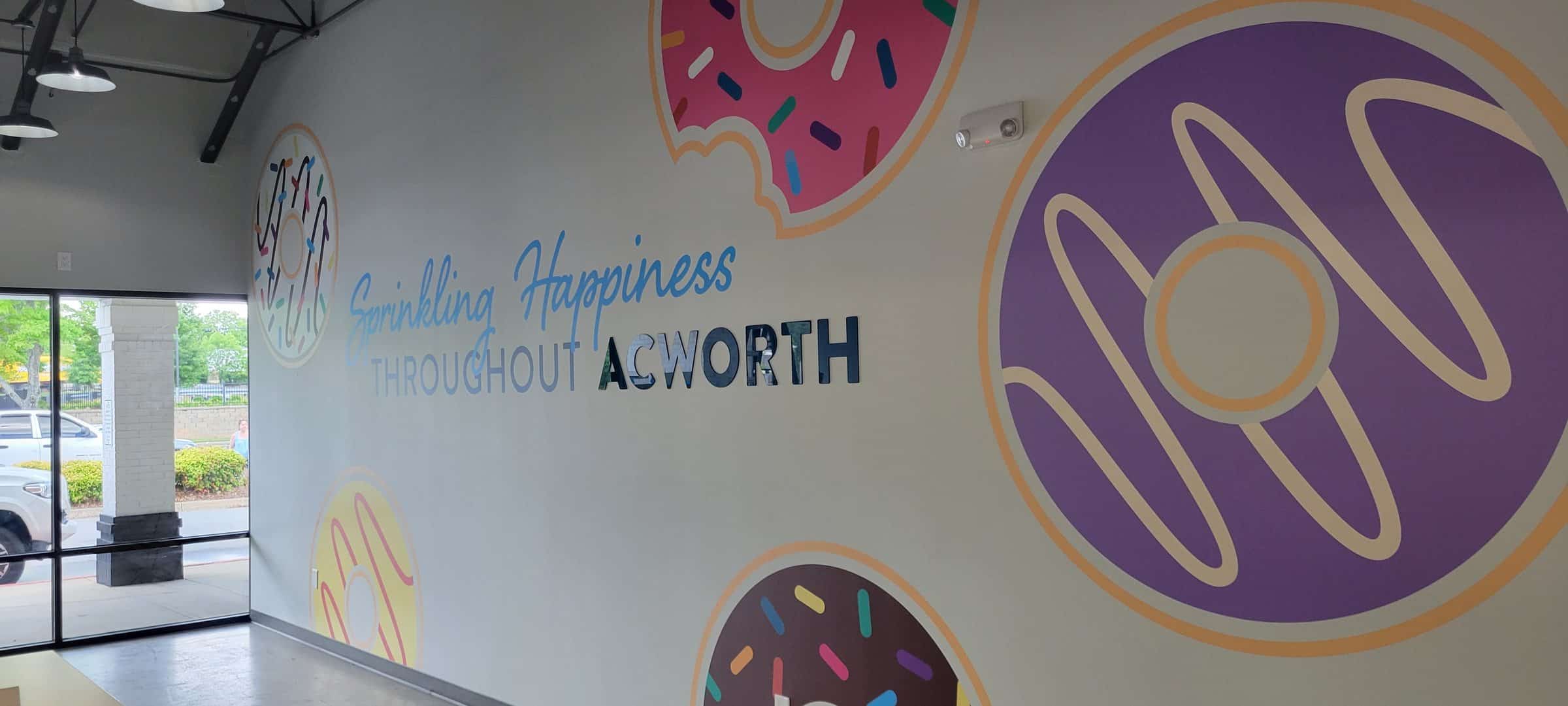 Feature wall graphic and lettering, close view, Duck Donuts, Acworth, GA, by High Stakes Creative