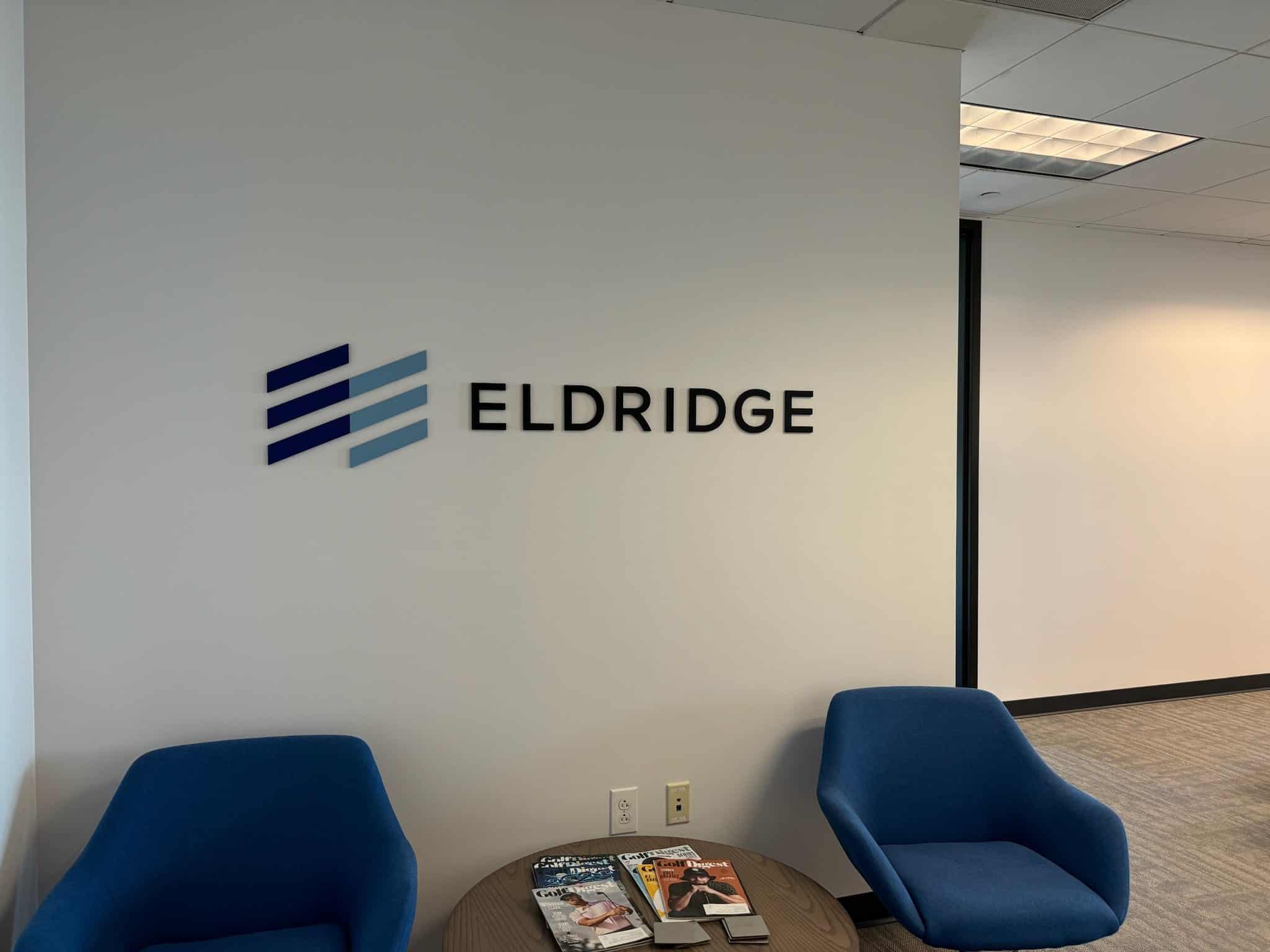 Reception area dimensional logo wall, Eldridge, by High Stakes Creative