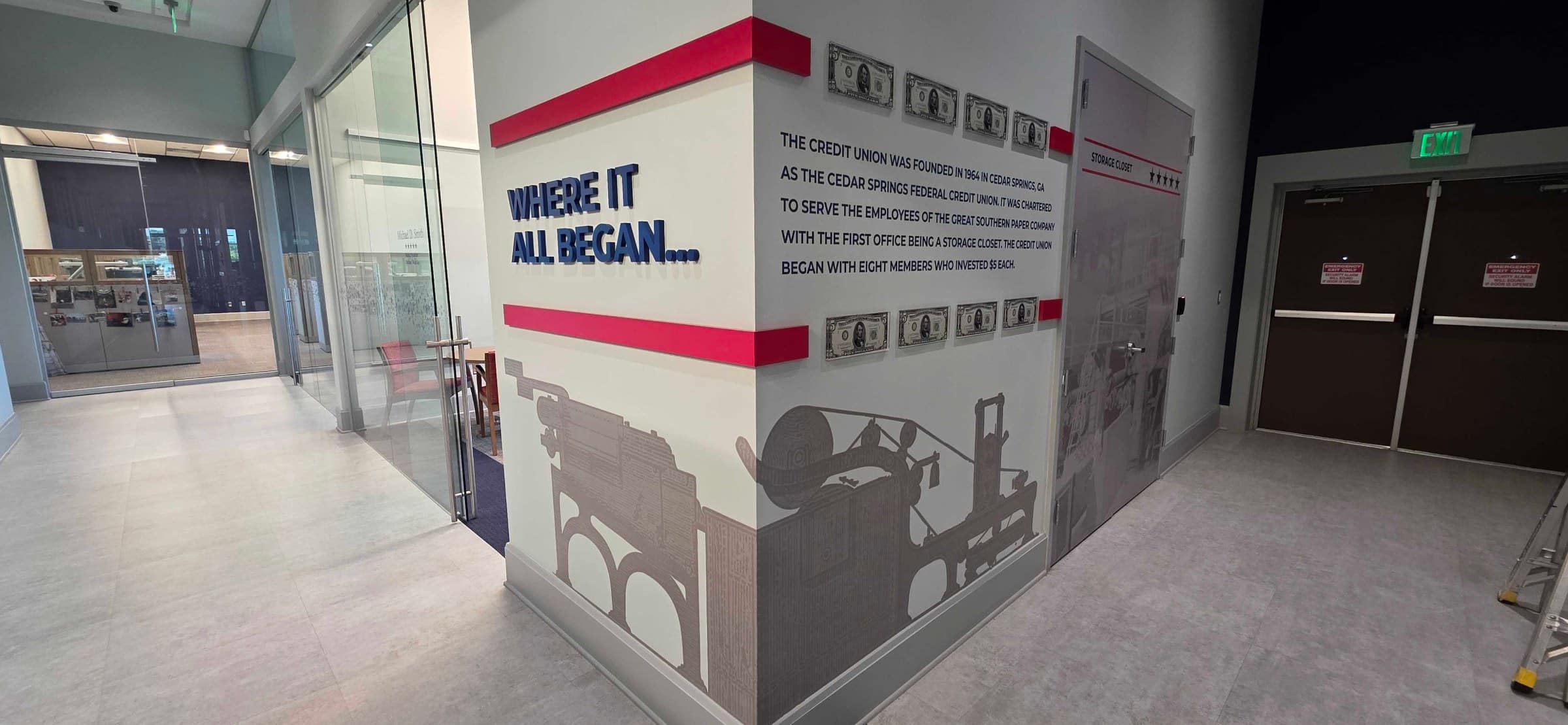 Currency and history wall graphics, Five Star Credit Union, Dothan, AL, by High Stakes Creative