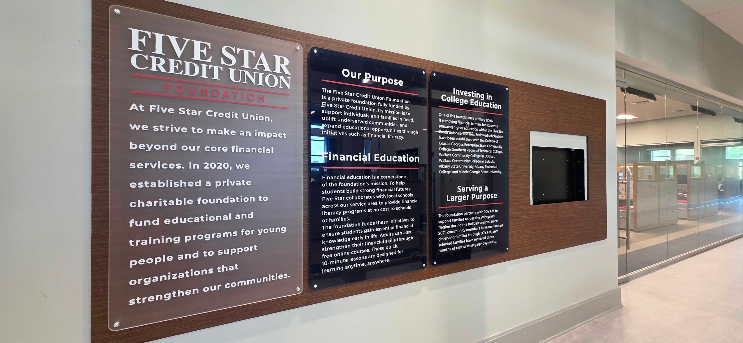 History and mission wall, black PVC backer with TV surround, Five Star Credit Union, Dothan, AL, by High Stakes Creative