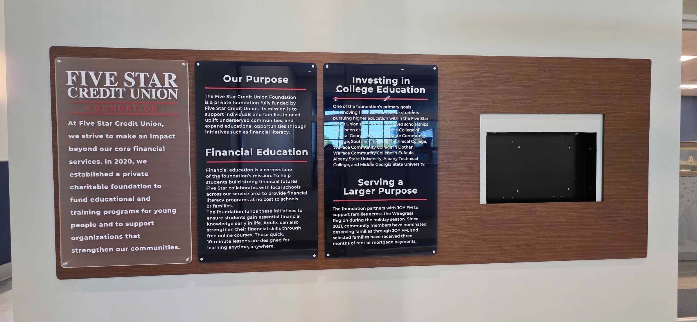 History and mission wall, black PVC backer with TV surround, Five Star Credit Union, Dothan, AL, by High Stakes Creative