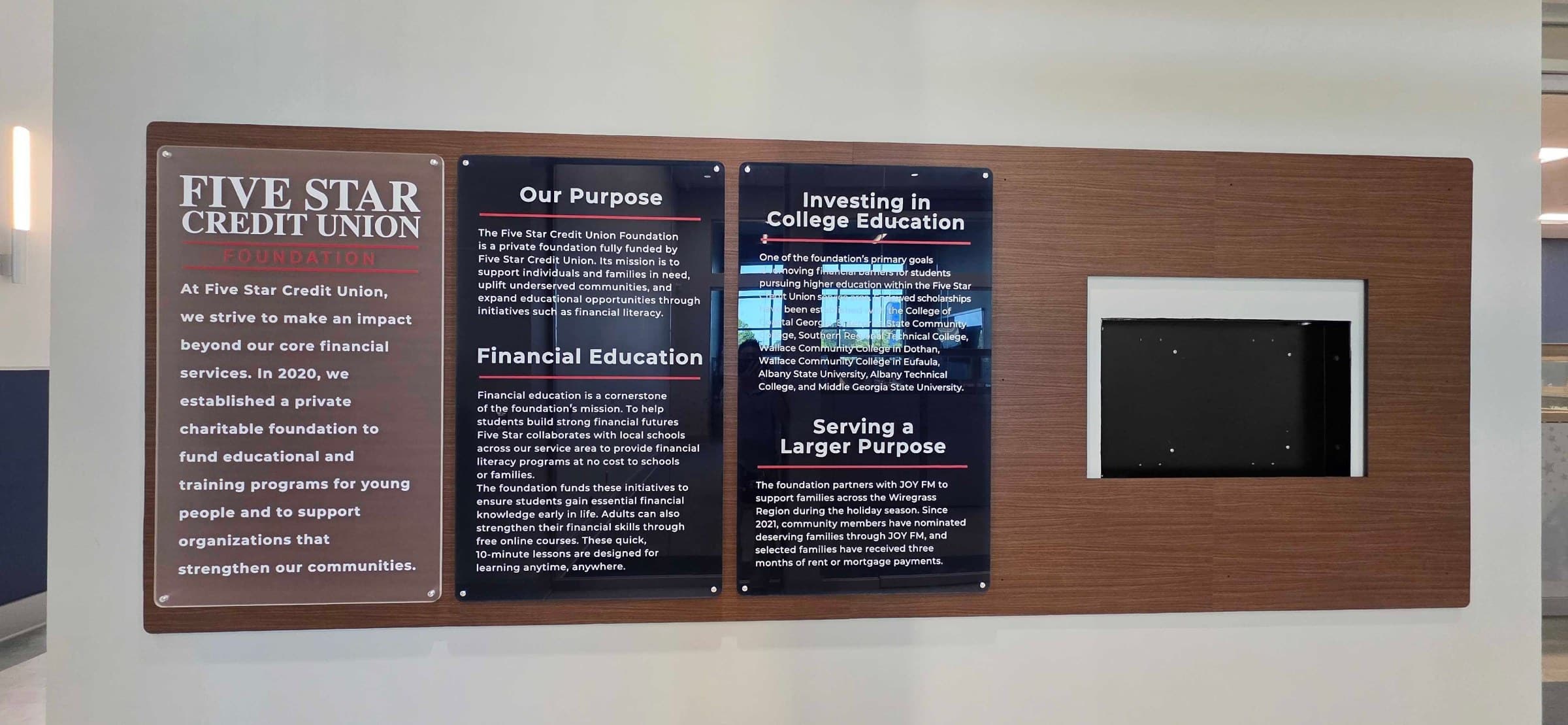 History and mission wall, black PVC backer with TV surround, Five Star Credit Union, Dothan, AL, by High Stakes Creative