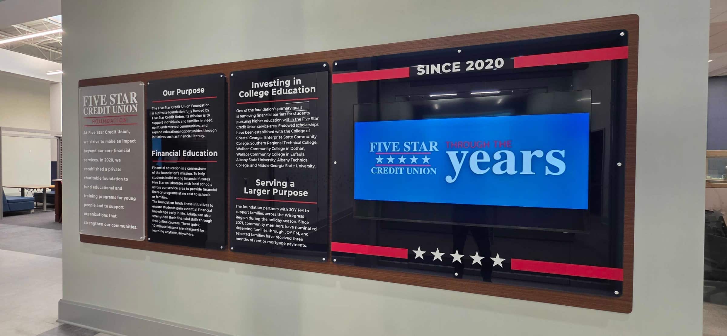 History and mission wall, black PVC backer with TV surround, Five Star Credit Union, Dothan, AL, by High Stakes Creative