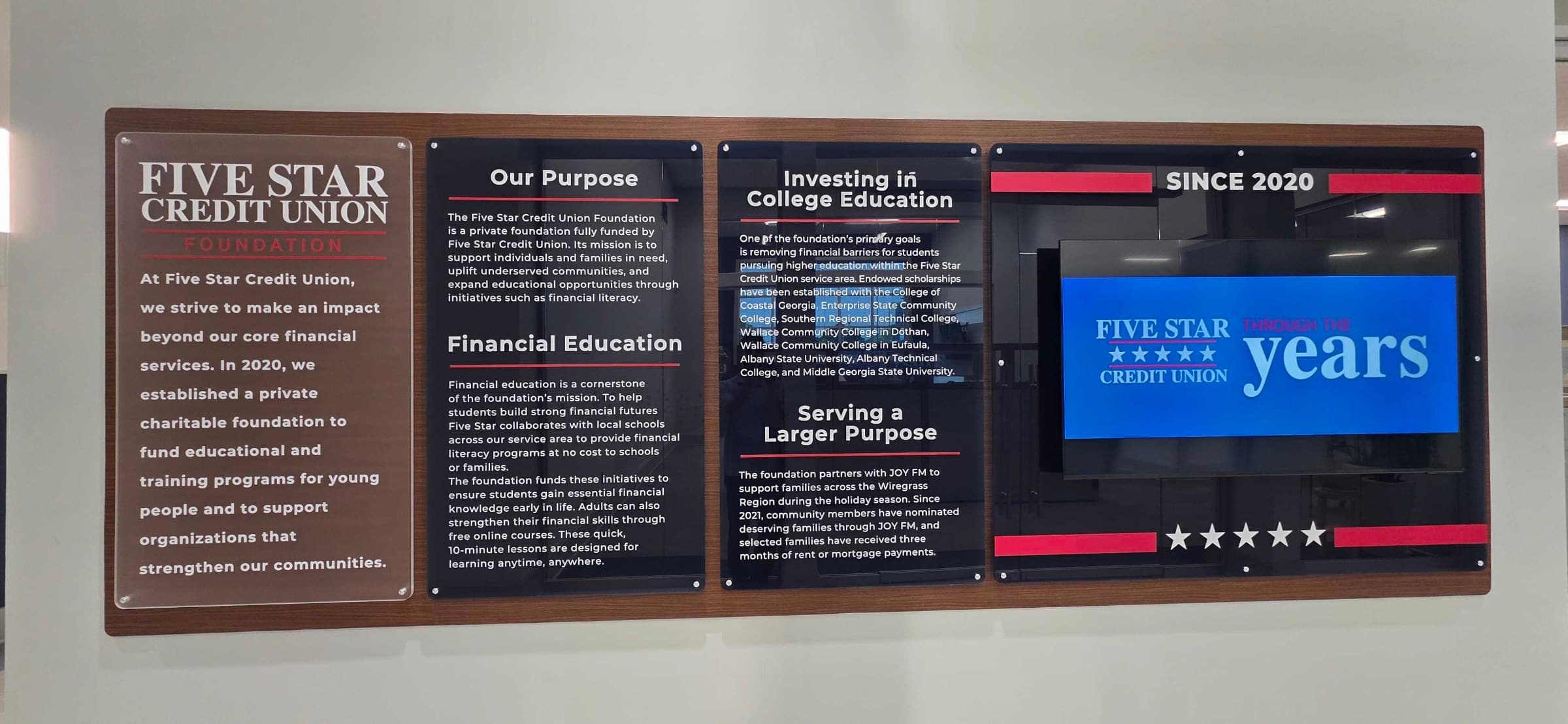 History and mission wall, black PVC backer with TV surround, Five Star Credit Union, Dothan, AL, by High Stakes Creative