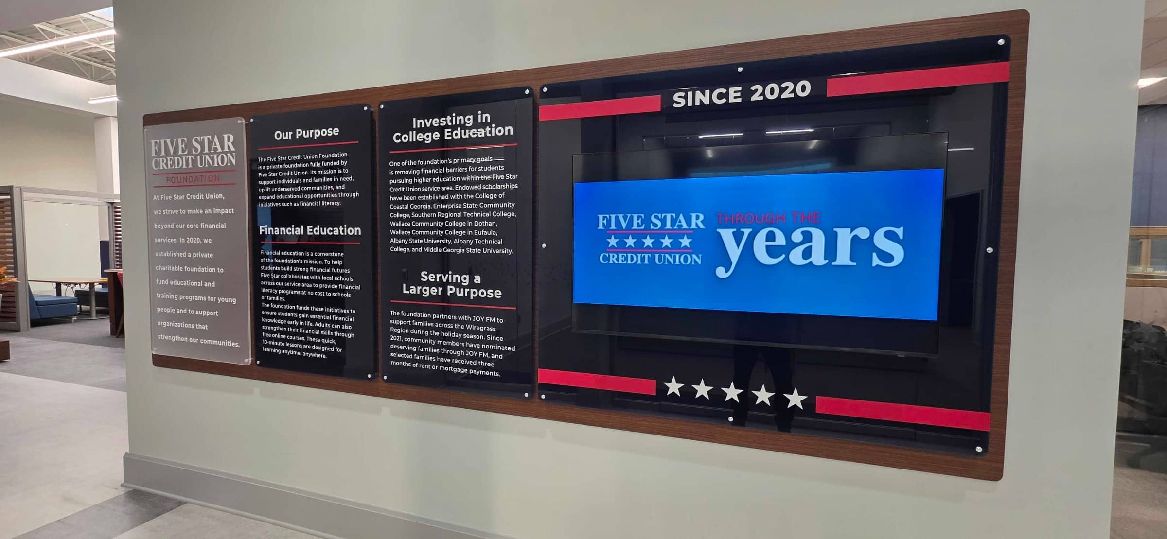 History and mission wall, black PVC backer with TV surround, Five Star Credit Union, Dothan, AL, by High Stakes Creative