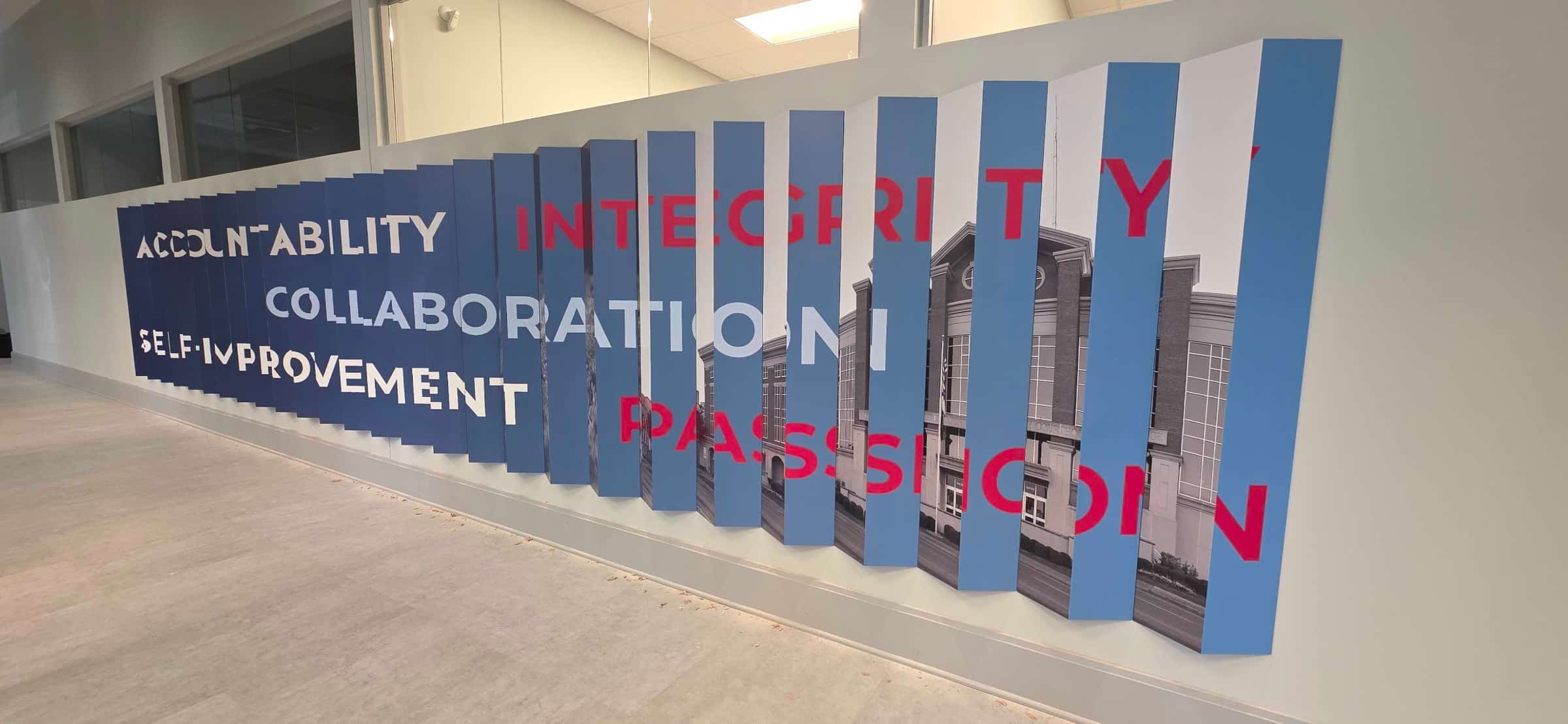 Lenticular values wall #1 (aluminum fins), Five Star Credit Union, Dothan, AL, by High Stakes Creative