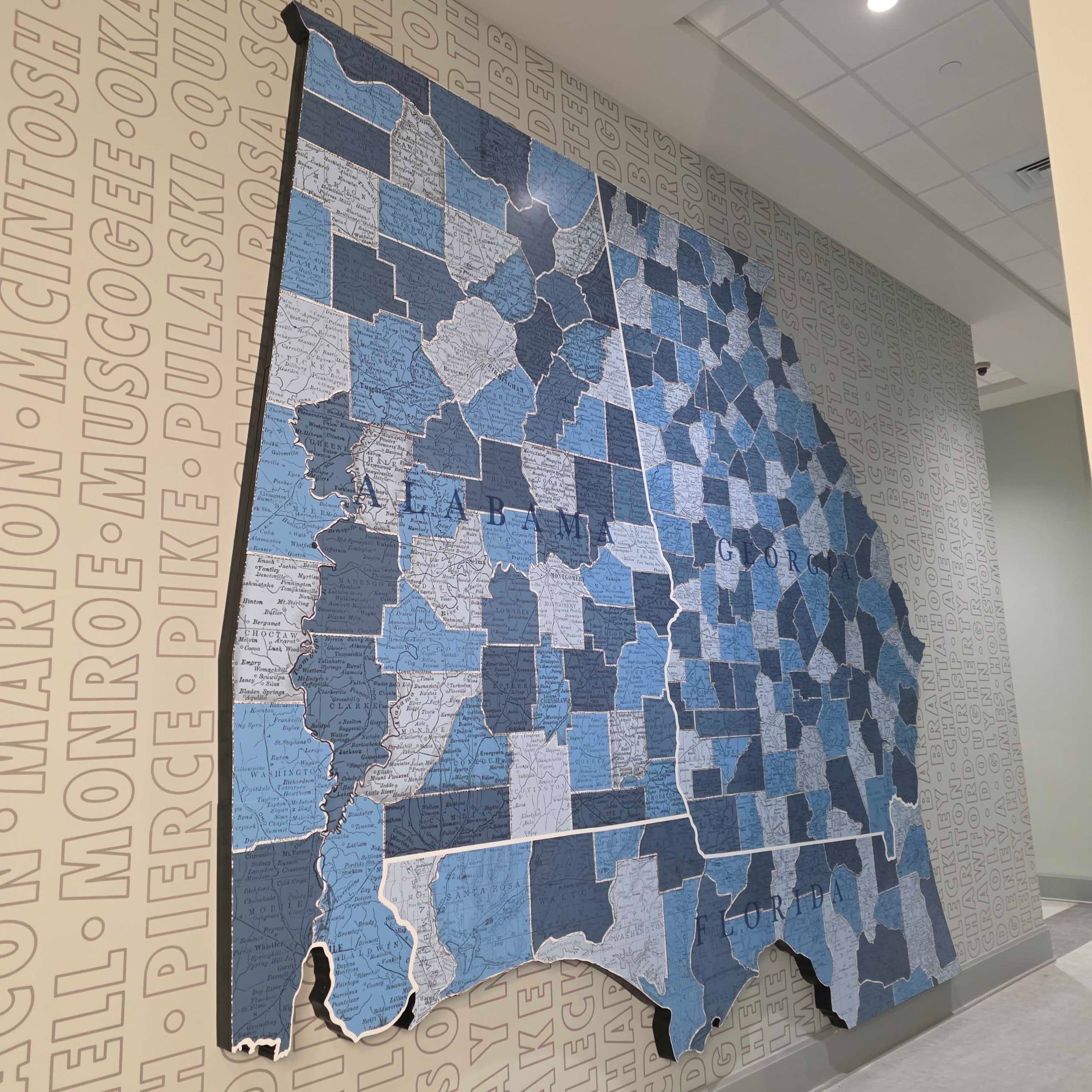 Map wall vinyl and stars (state map of counties), Five Star Credit Union, Dothan, AL, by High Stakes Creative