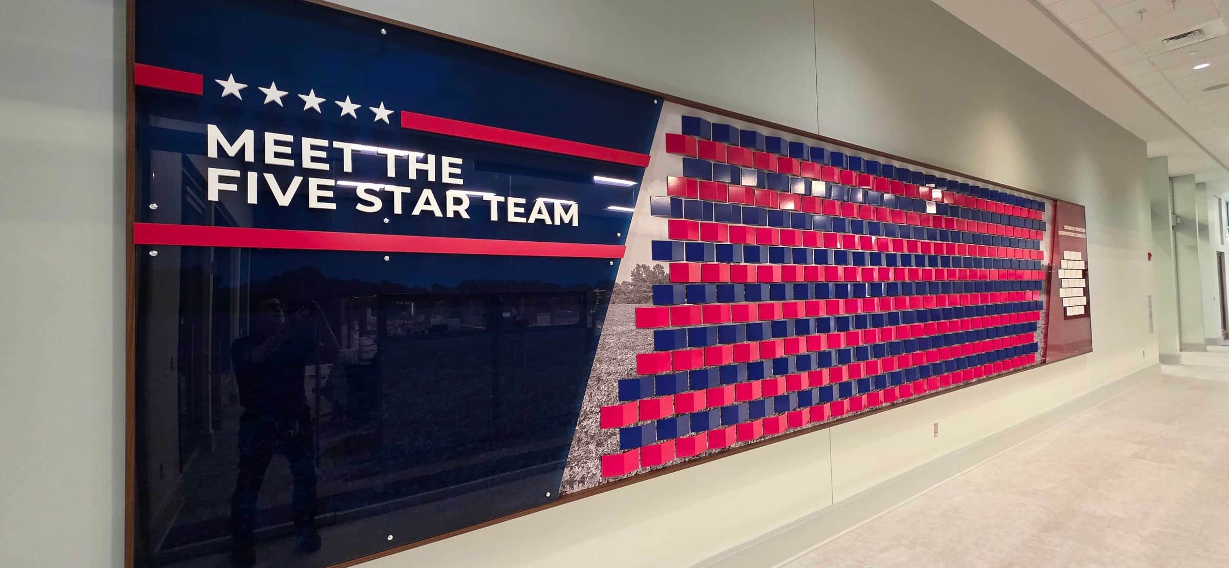 "Meet the Five Star team" and board of directors wall, Five Star Credit Union, Dothan, AL, by High Stakes Creative