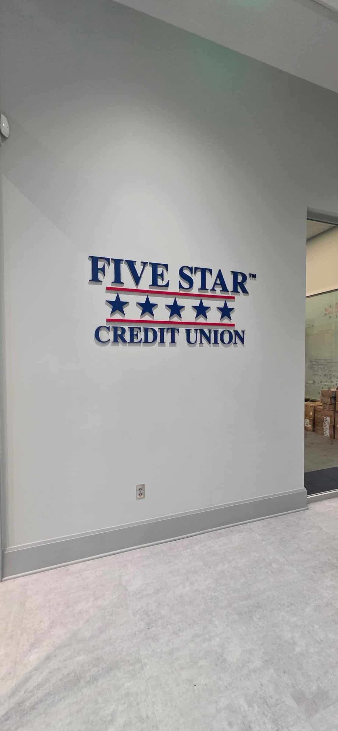 Painted acrylic dimensional logo, Five Star Credit Union, Dothan, AL, by High Stakes Creative