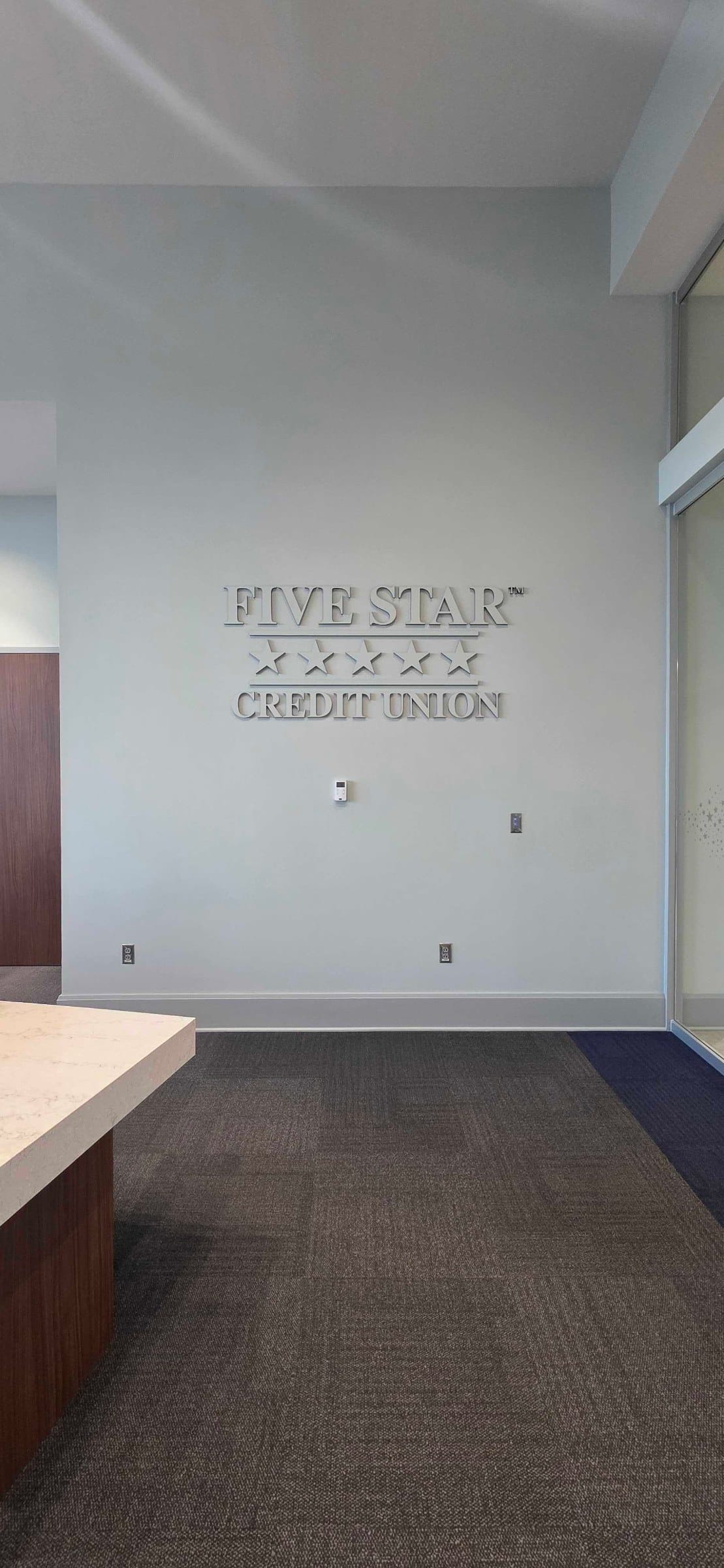 Painted acrylic logo, office, Five Star Credit Union, Dothan, AL, by High Stakes Creative