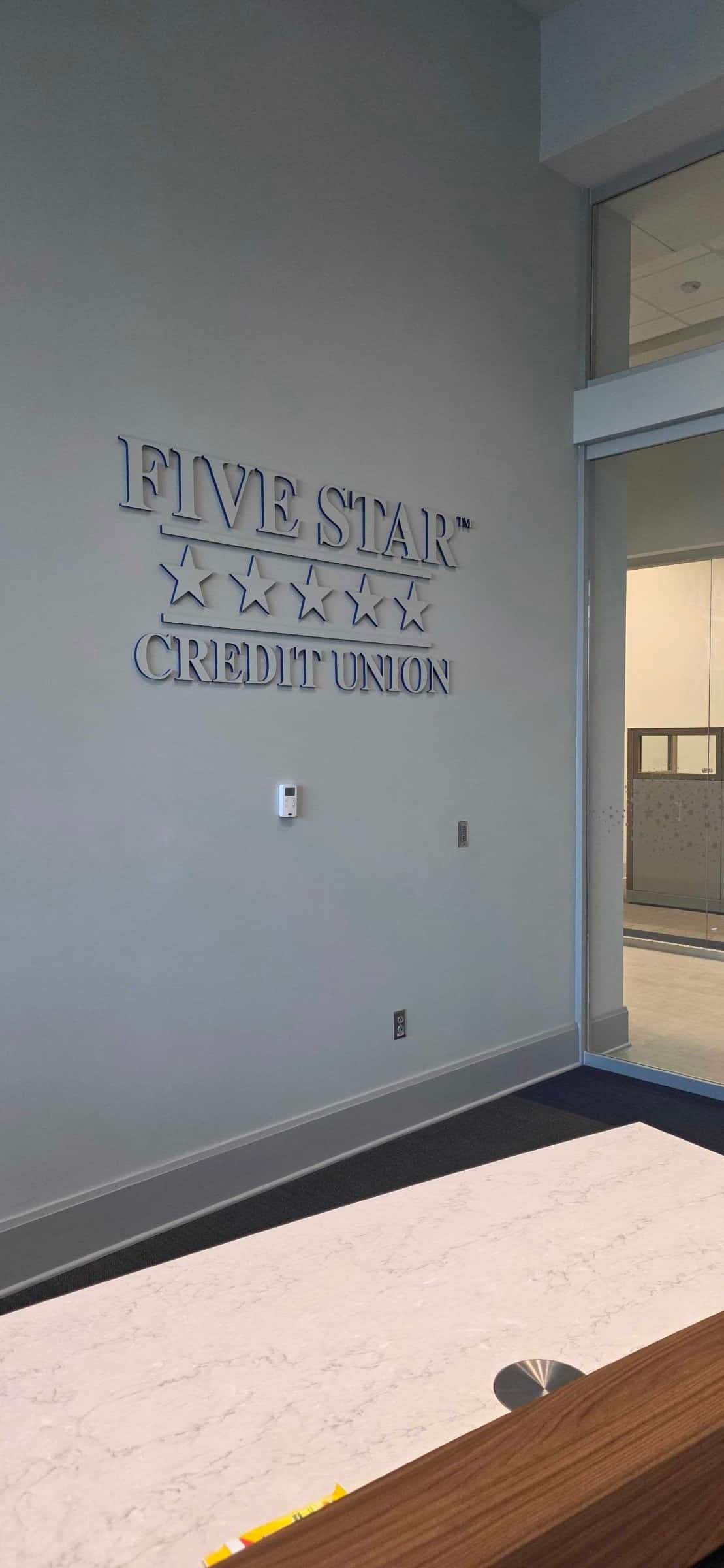 Painted acrylic logo, office, Five Star Credit Union, Dothan, AL, by High Stakes Creative