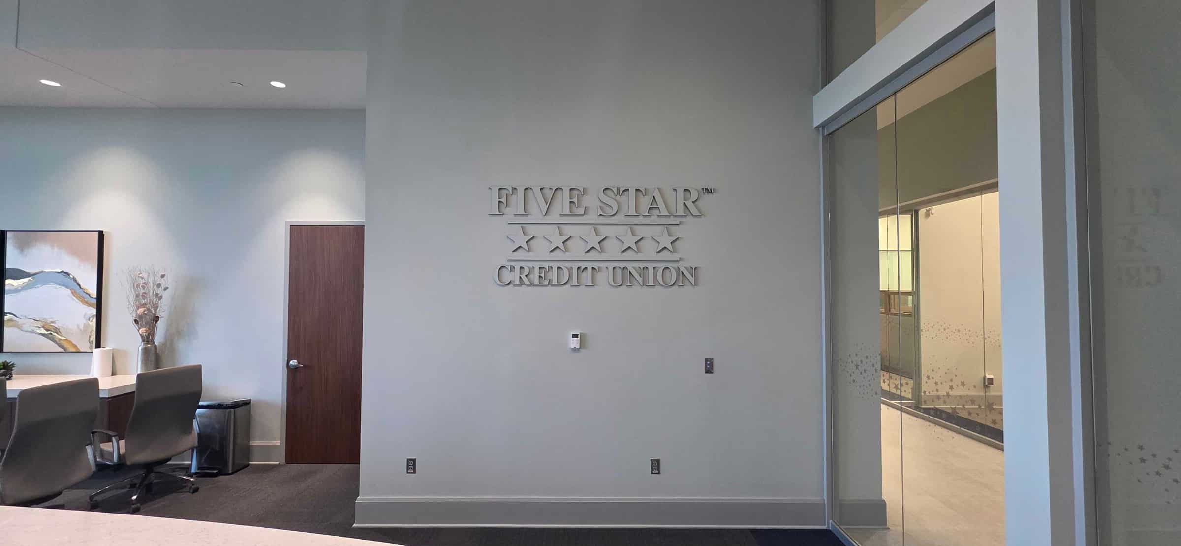Painted acrylic logo, office, Five Star Credit Union, Dothan, AL, by High Stakes Creative