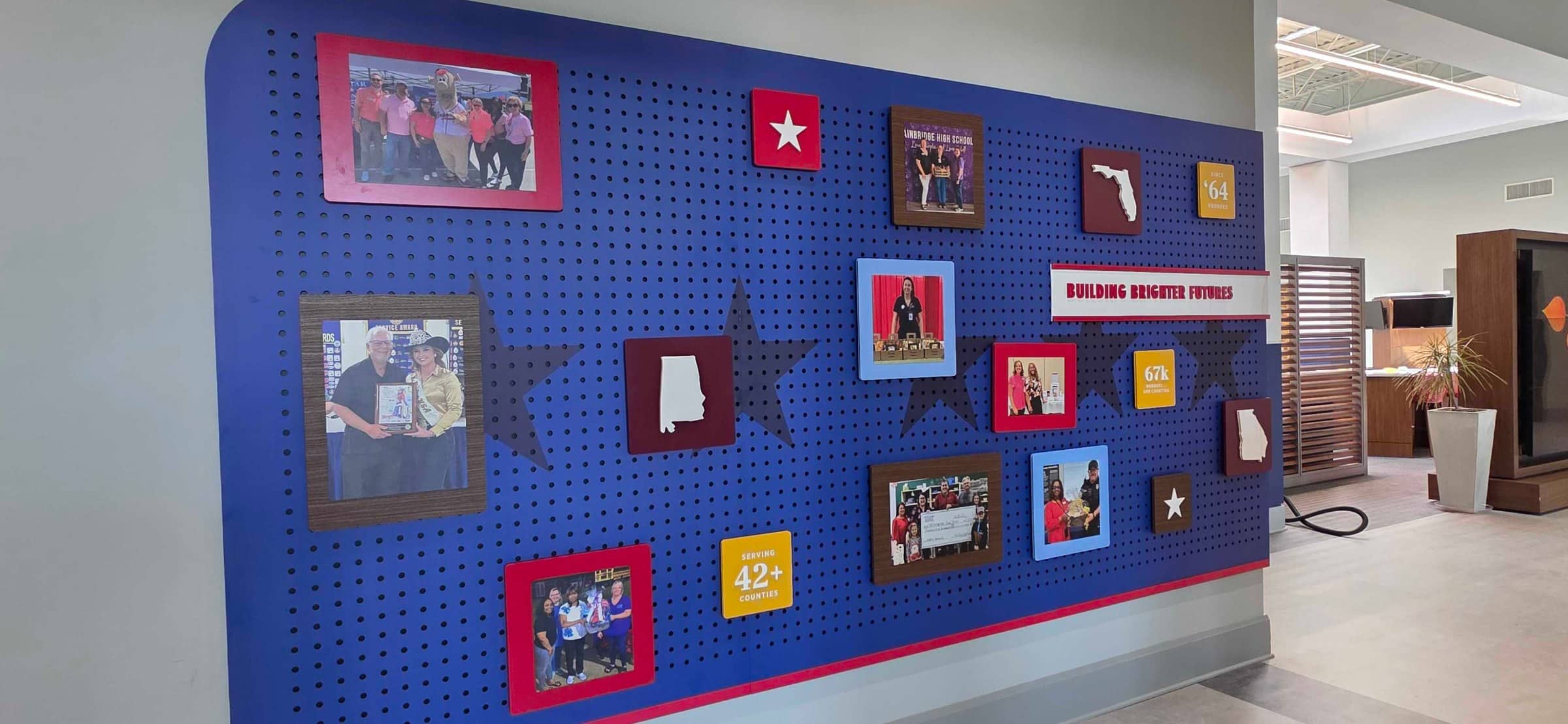 Routed PVC backer panels, community pegboard wall, Five Star Credit Union, Dothan, AL, by High Stakes Creative