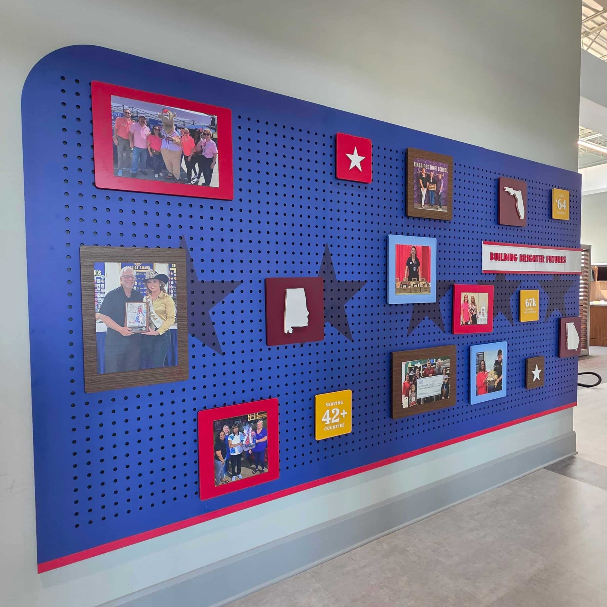 Routed PVC backer panels, community pegboard wall, Five Star Credit Union, Dothan, AL, by High Stakes Creative