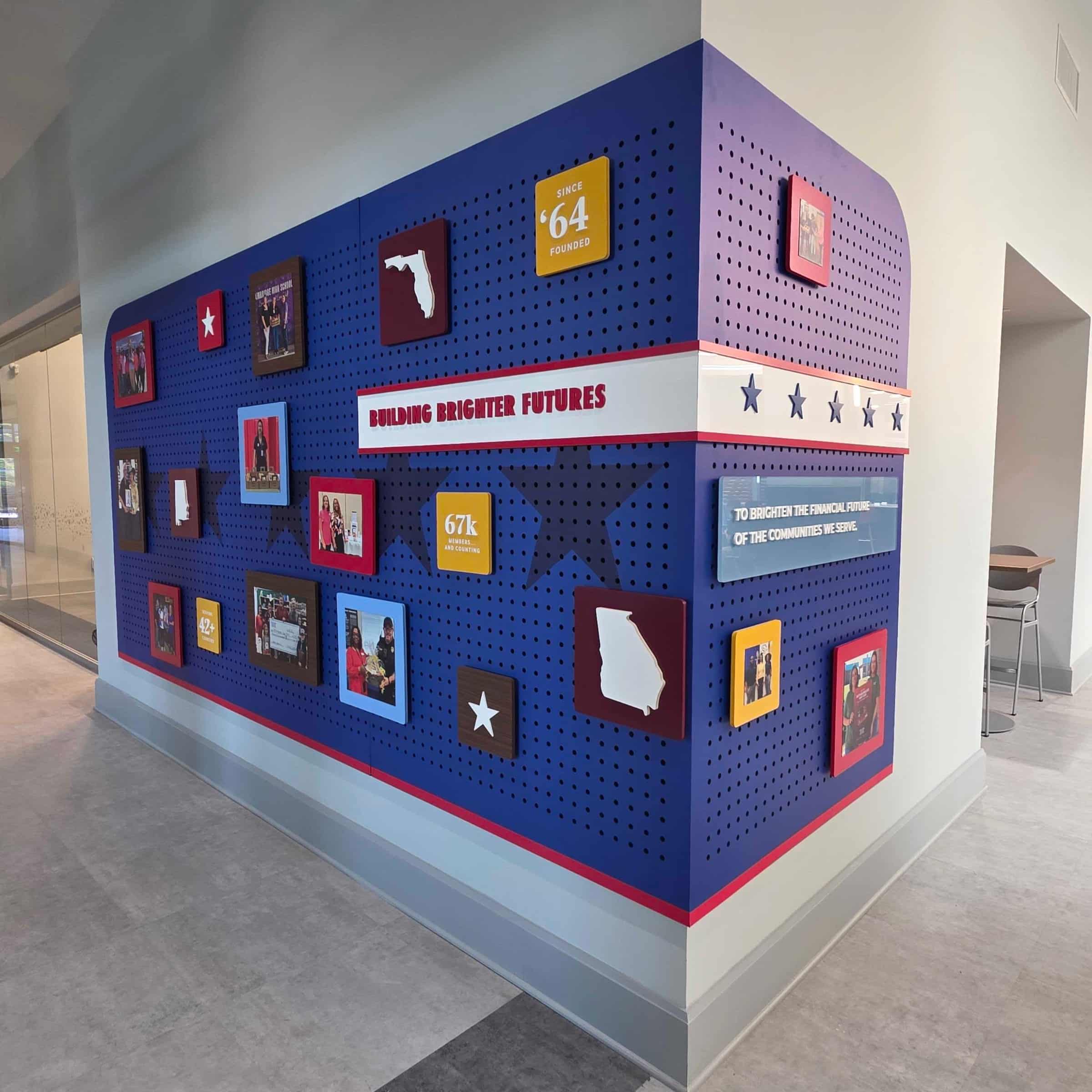 Routed PVC backer panels, community pegboard wall, Five Star Credit Union, Dothan, AL, by High Stakes Creative